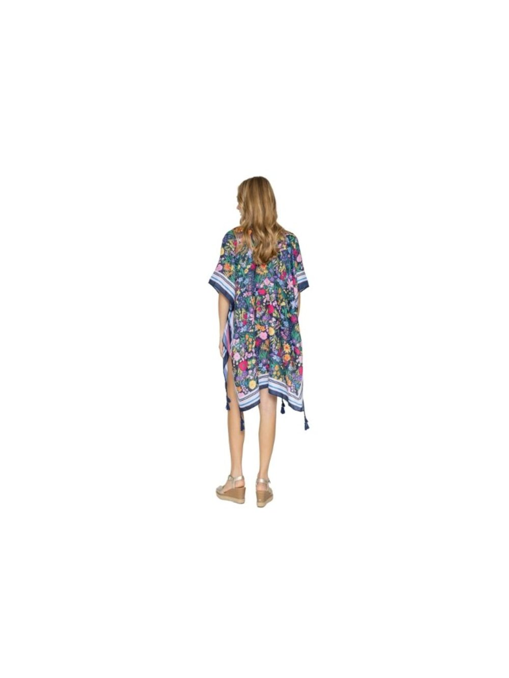 Blue Floral Tassel Kimono Beach Cover Up New Flower Cruise Vacation One Size - Picture 3 of 3